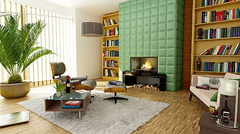 Modern Living Room with Green Tufted Fireplace Wall