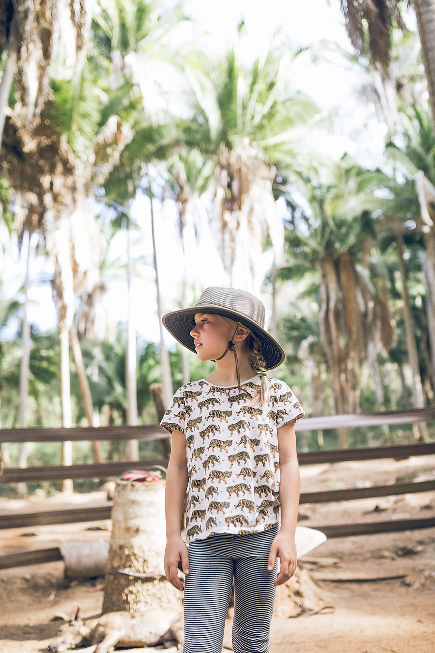 Young Girl in Hat Standing in Tropical Palm Forest