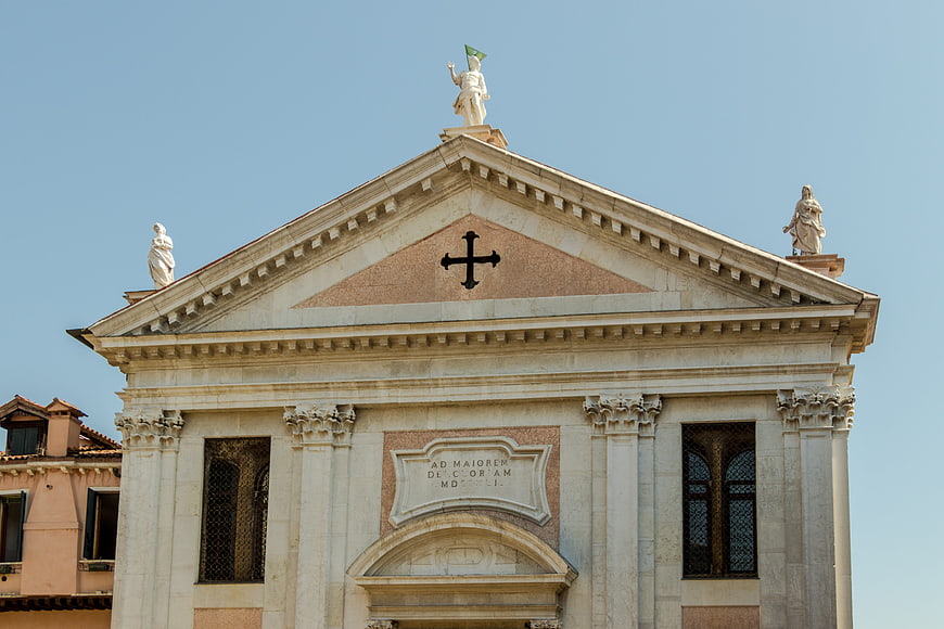 Classical Church Facade with Pediment and Statues in Venice