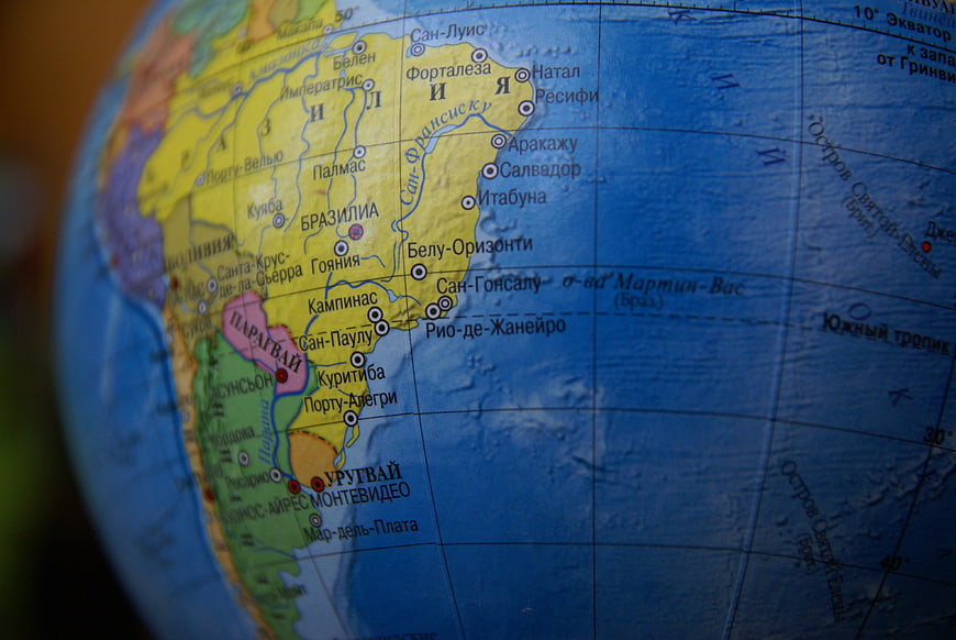 Close-up of South America on a Russian Globe