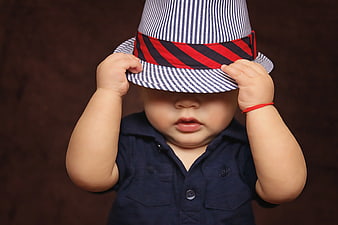 Cute Baby Boy Wearing Striped Fedora Hat