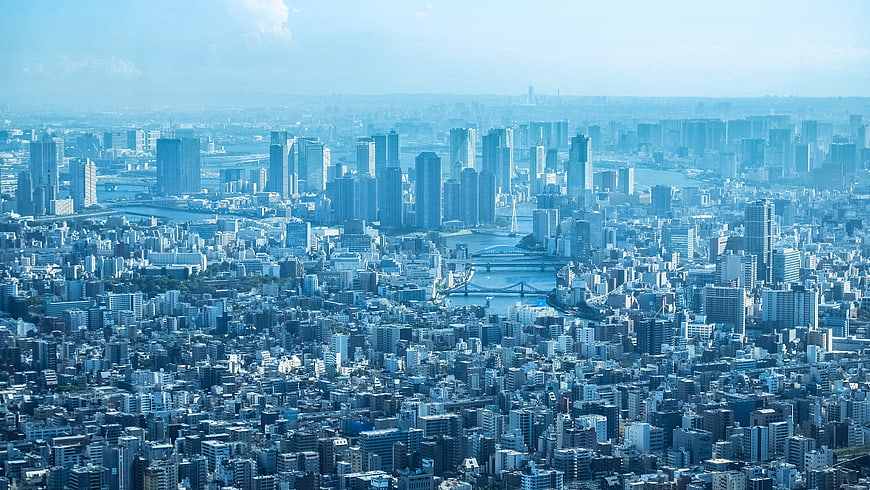 Aerial View of Tokyo Skyline and Sumida River