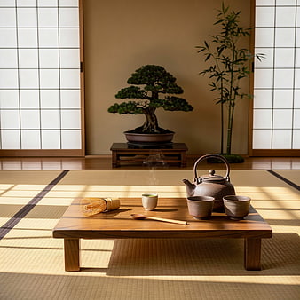 Serene Japanese Tea Ceremony Setup in Traditional Room