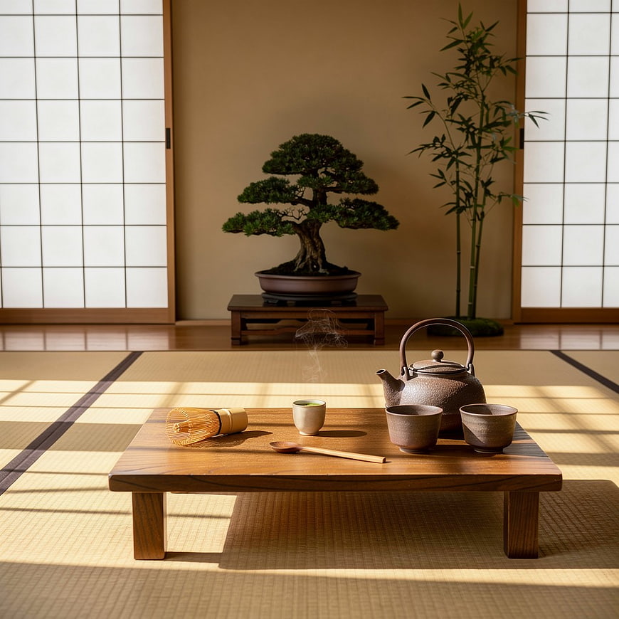 Serene Japanese Tea Ceremony Setup in Traditional Room