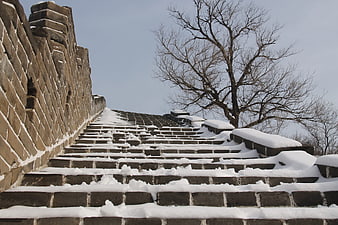 Snowy Stone Steps on the Great Wall of China in Winter