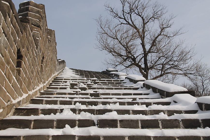 Snowy Stone Steps on the Great Wall of China in Winter