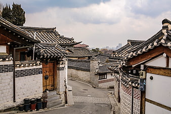 Traditional Korean Hanok Village Street Scene in Bukchon