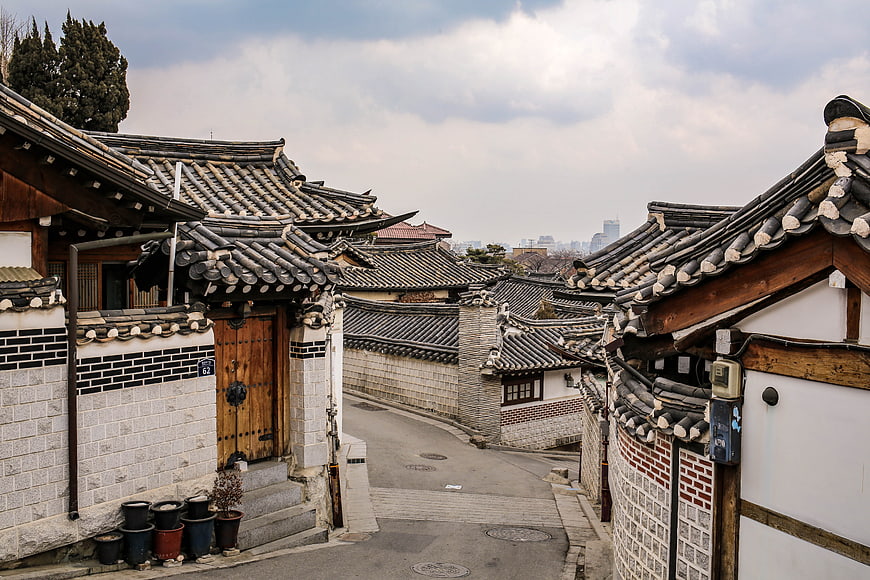 Traditional Korean Hanok Village Street Scene in Bukchon