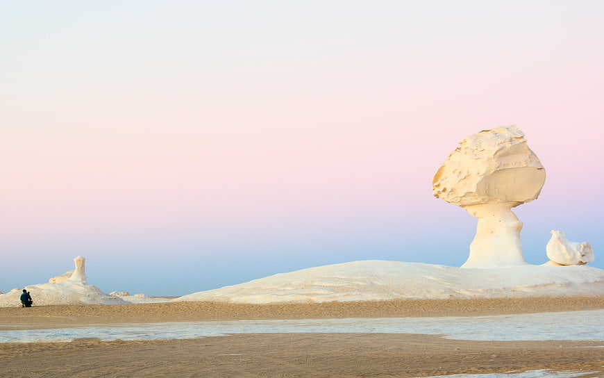 White Mushroom Rock Formation in White Desert Egypt at Sunset