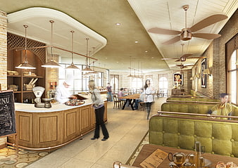 Modern restaurant interior with chef and customers dining