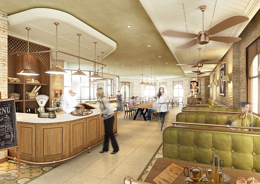 Modern restaurant interior with chef and customers dining