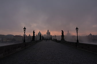 Foggy Charles Bridge Prague at Dusk with Statues