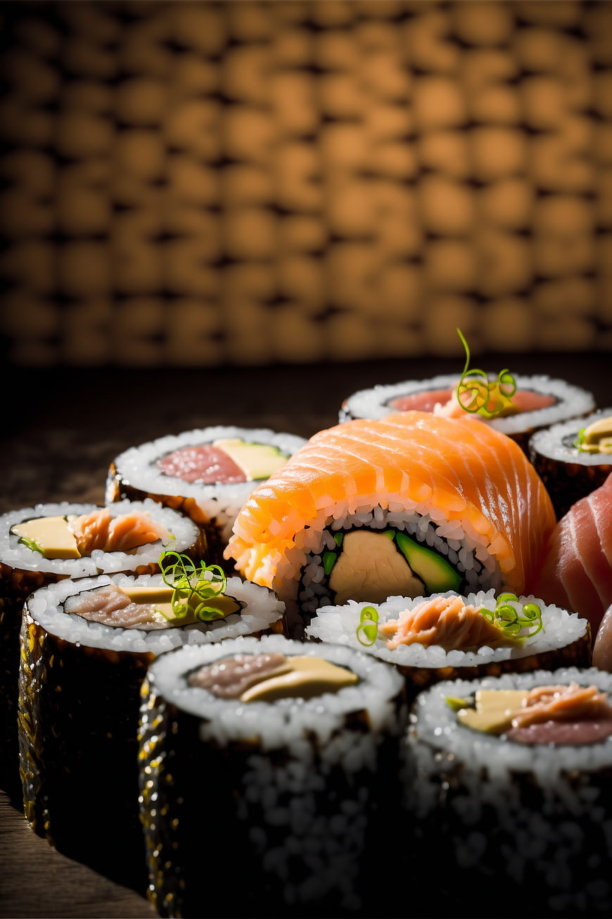 Close-up of assorted sushi rolls with salmon and avocado