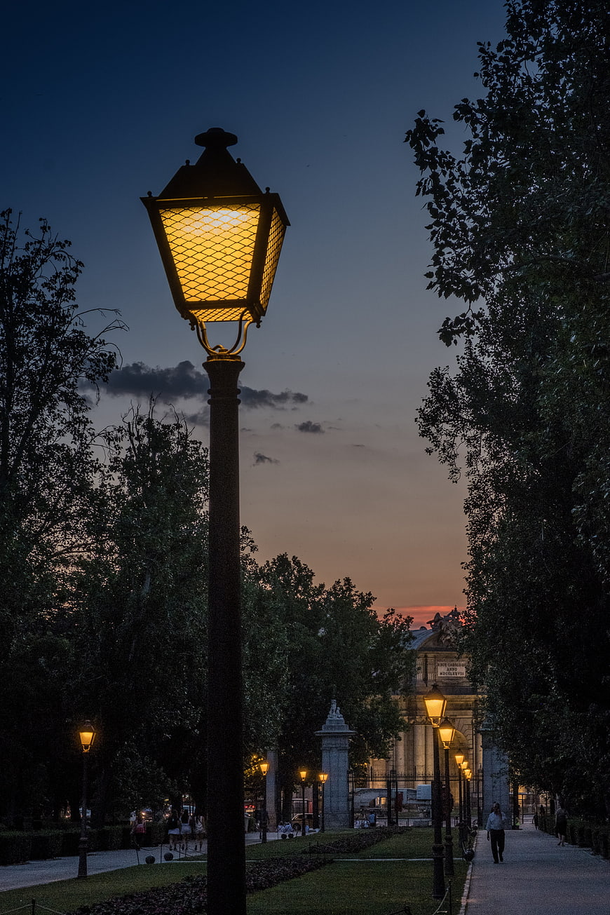 Vintage Street Lamp Illuminated at Dusk in Parisian Park