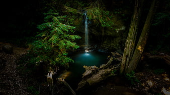 Mysterious Dark Forest Waterfall with Glowing Pool