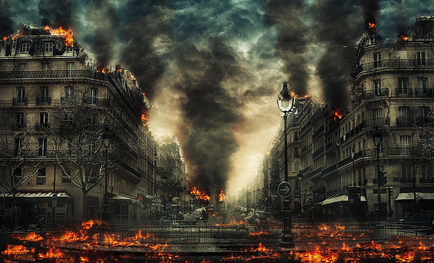 Cinematic Parisian Street on Fire with Thick Smoke and Flames