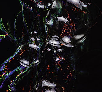 Abstract dark bubbles with neon light reflections