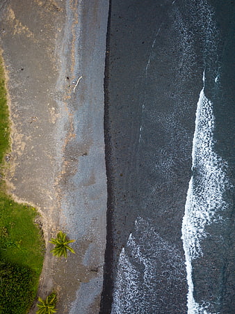 Aerial View of Black Sand Beach with Crashing Waves