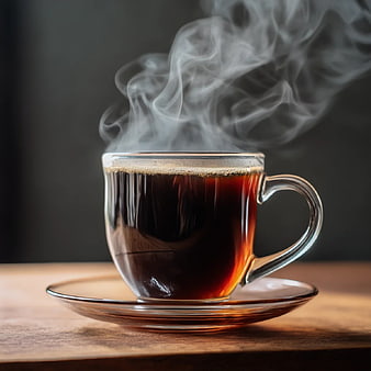 Steaming Hot Black Coffee in Clear Glass Mug