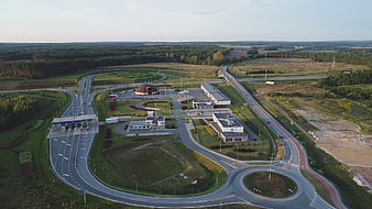 Aerial View of Modern Highway Toll Station and Service Area