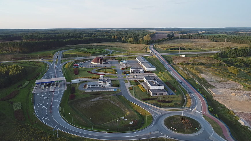 Aerial View of Modern Highway Toll Station and Service Area