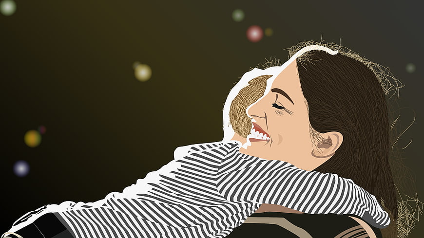 Vector illustration of mother and child hugging with bokeh background