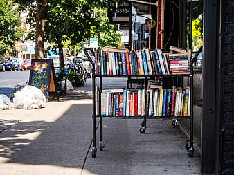 Outdoor Bookshelf Display on City Sidewalk