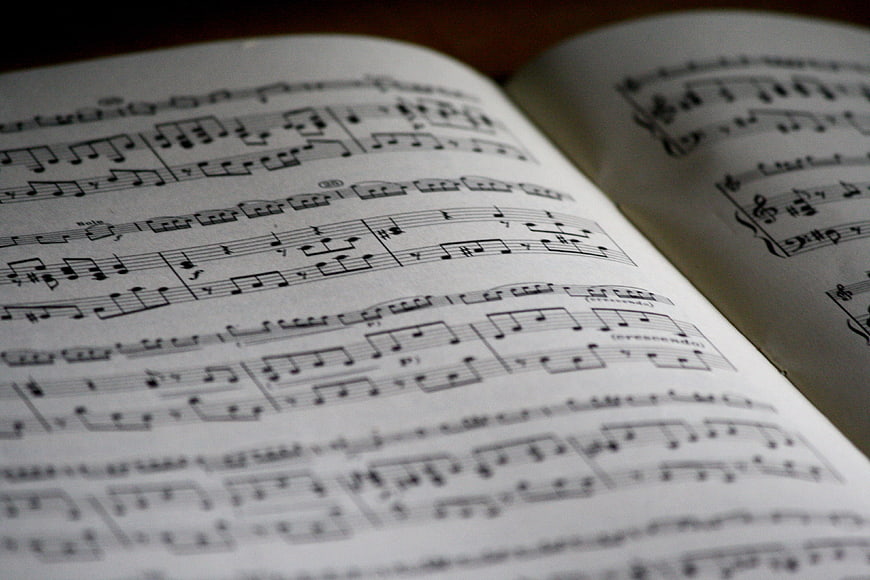 Open Sheet Music Book With Musical Notes On White Pages