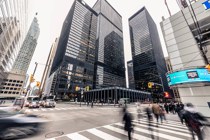 Long Exposure Urban Cityscape with Skyscrapers and Motion Blur