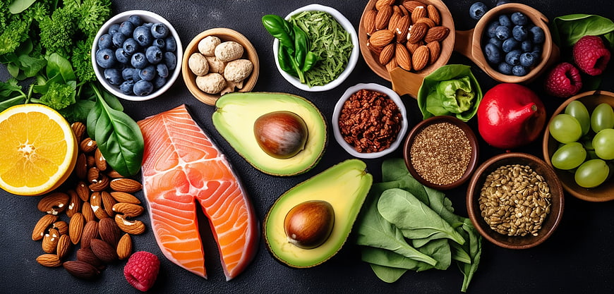 Top View of Healthy Foods: Salmon, Avocado, Nuts, and Berries
