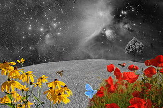 Surreal landscape with colorful flowers and starry night sky