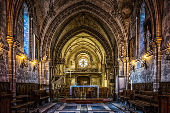 Interior of Gothic Church with Arched Ceiling and Altar