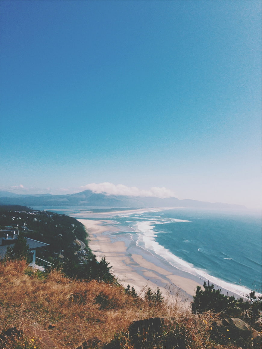 High Angle Coastal Landscape with Sandy Beach and Blue Ocean