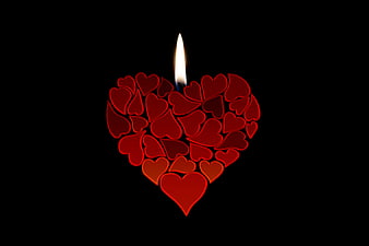 Red Heart Candle with Flame on Black Background