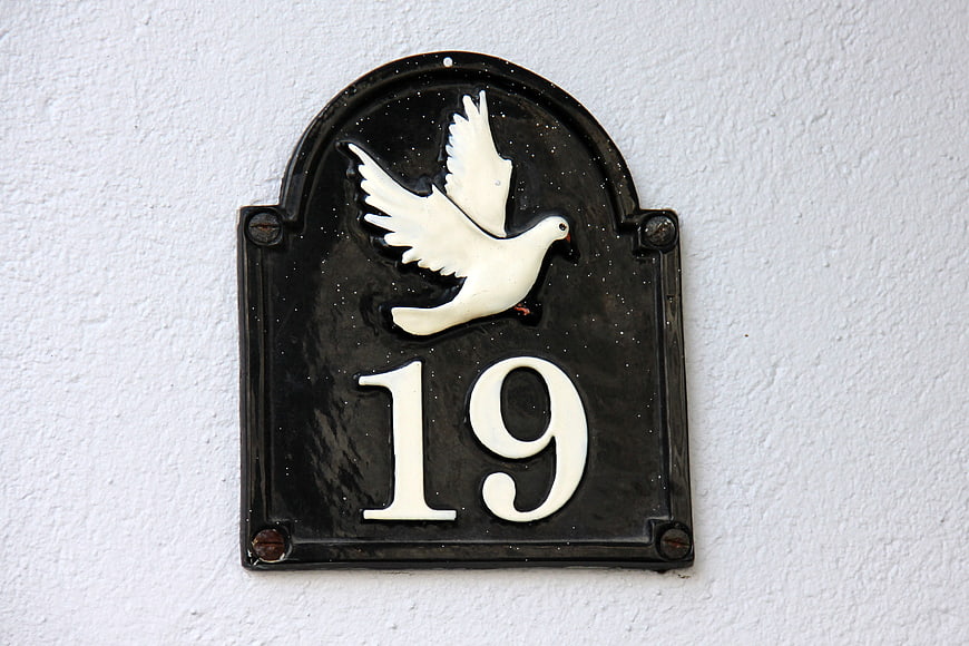 Black House Number 19 Plaque with White Dove
