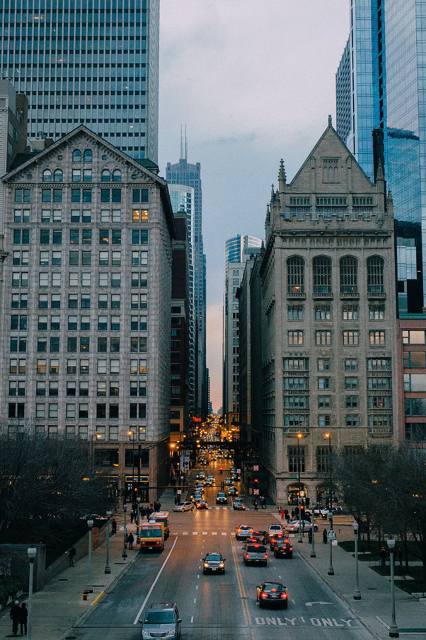 Urban Cityscape with Historic and Modern Architecture at Dusk