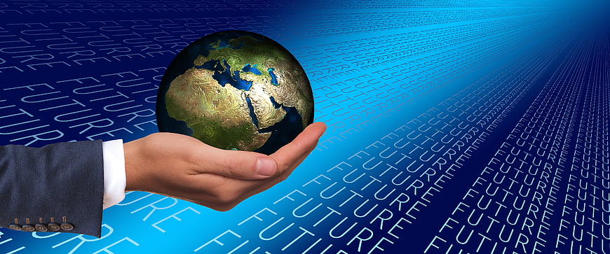 Businessman Hand Holding Globe with Future Text Background