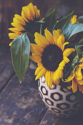 Rustic Sunflower Bouquet in Patterned Ceramic Vase