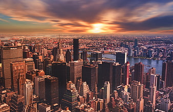 Aerial View of New York City Skyline at Sunset