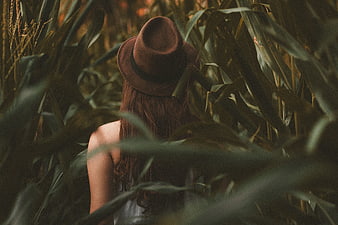 Woman in Fedora Hat Walking Through Cornfield