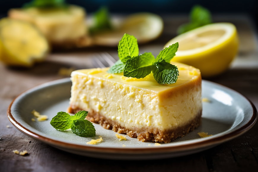 Creamy Lemon Cheesecake Slice with Mint Garnish