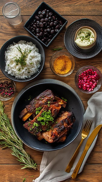 Overhead View of Grilled Ribs with Rice and Black Beans