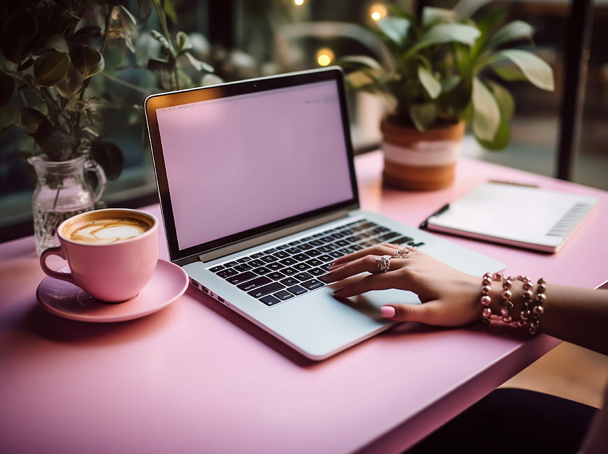 Woman typing on laptop with pink coffee cup on desk