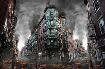 Apocalyptic city street with burning buildings and smoke
