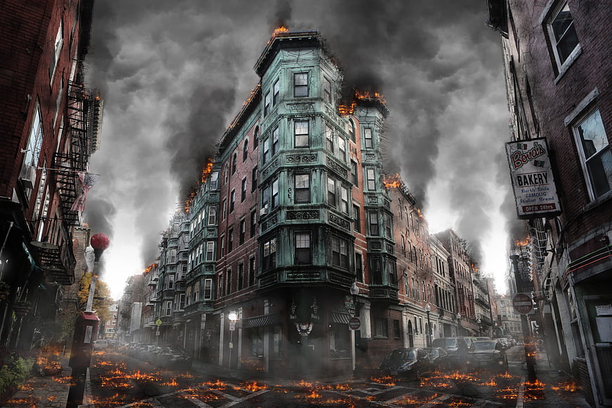 Apocalyptic city street with burning buildings and smoke