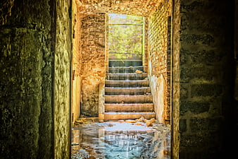 Abandoned Staircase with Sunlight and Puddle Reflection