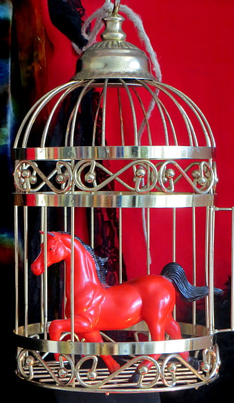 Red toy horse inside silver birdcage on red background