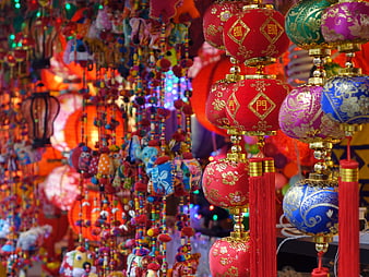 Colorful Chinese Lanterns and Decorations in Chinatown