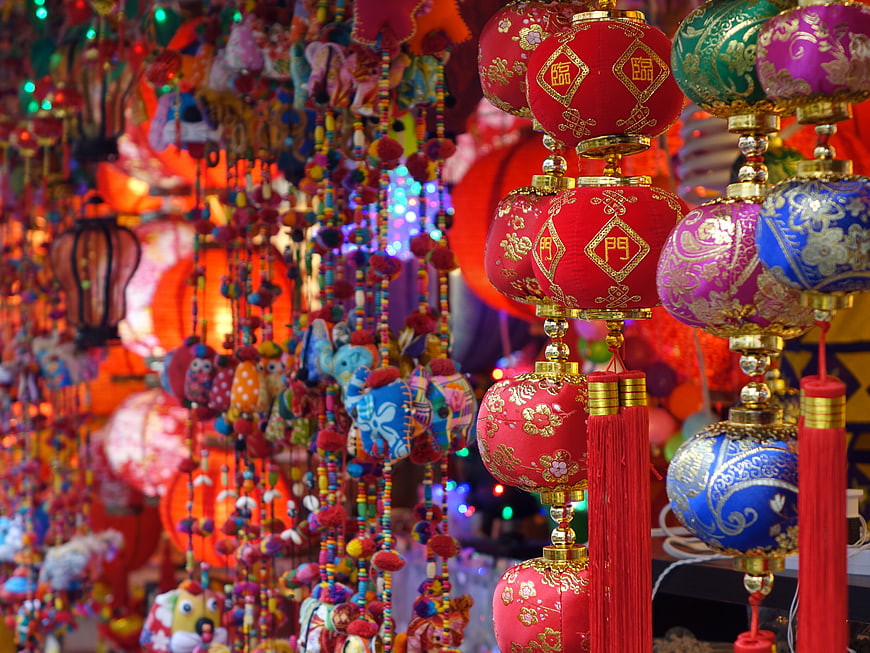 Colorful Chinese Lanterns and Decorations in Chinatown