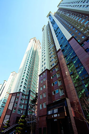 Low angle view of modern high-rise apartment buildings